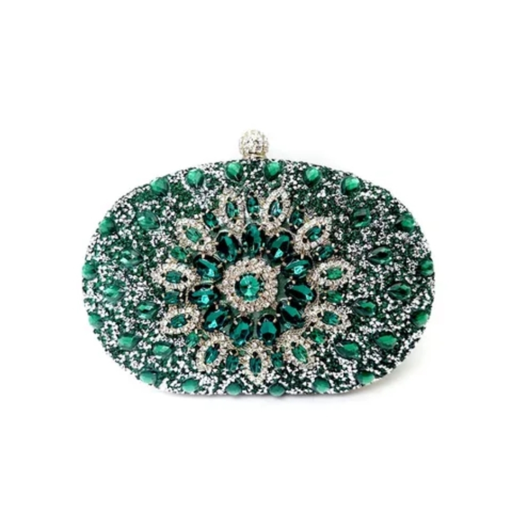 Glamorous Green and Silver Embellished Clutch